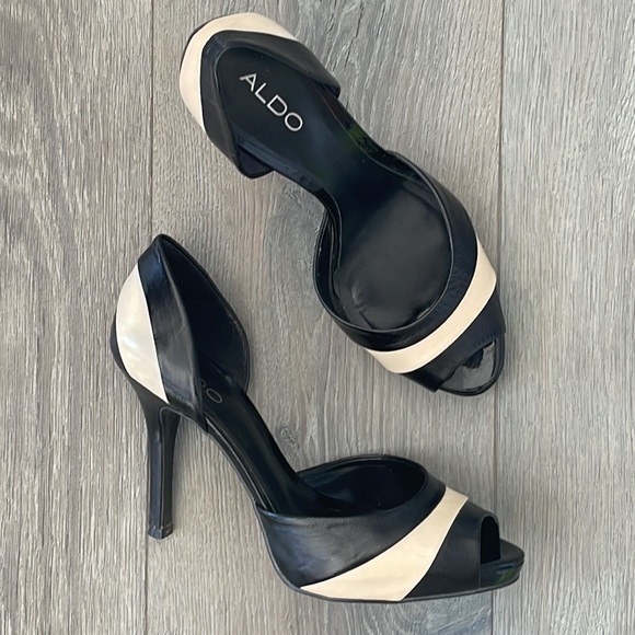 Aldo Black and Cream Stripe Peep Toe Stiletto-39(8.5) - Picture 2 of 12